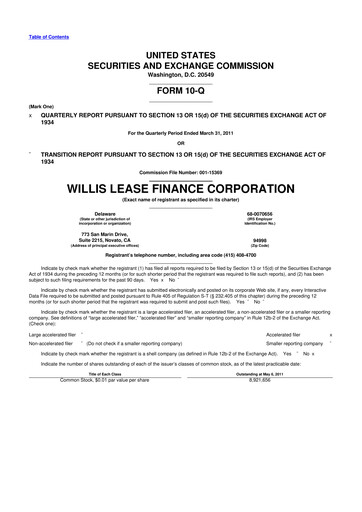 Thumbnail Willis Lease Finance Corporation 10-Q Quarterly Report FY 