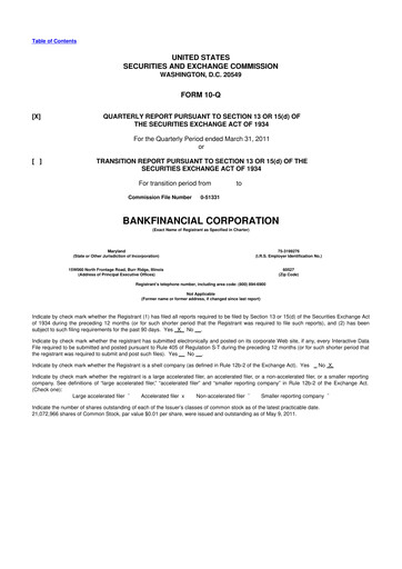 Thumbnail BankFinancial 10-Q Quarterly Report FY 