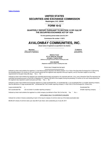 Thumbnail AvalonBay Communities 10-Q Quarterly Report FY2011 