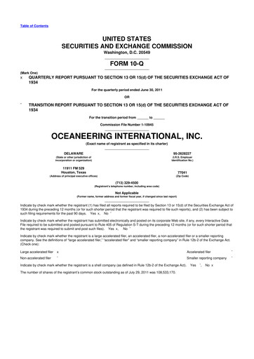 Miniature Oceaneering International
 10-Q Rapport trimestriel  