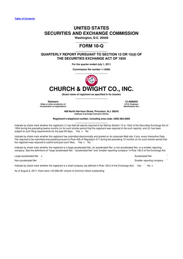 Thumbnail Church & Dwight
 10-Q Quarterly Report FY2011 