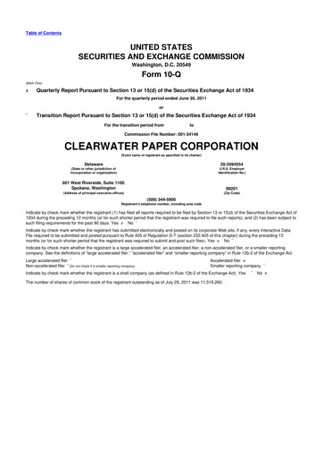 Thumbnail Clearwater Paper 10-Q Quarterly Report FY 