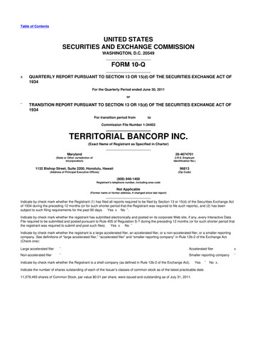 Thumbnail Territorial Bancorp
 10-Q Quarterly Report FY 