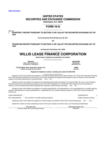 Thumbnail Willis Lease Finance Corporation 10-Q Quarterly Report FY2011 