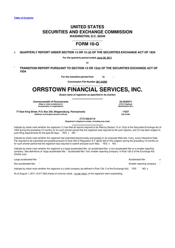 Miniature Orrstown Financial Services 10-Q Rapport trimestriel 2011 
