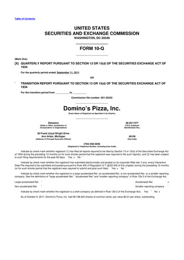 Thumbnail Domino's Pizza 10-Q Quarterly Report FY2011 