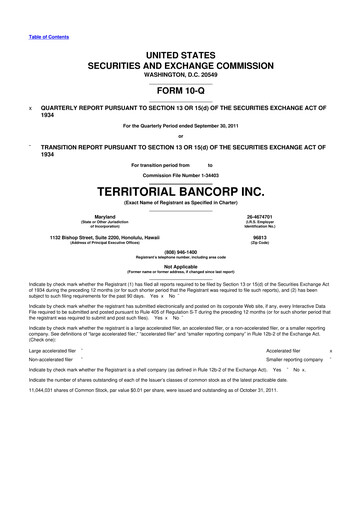 Thumbnail Territorial Bancorp
 10-Q Quarterly Report FY 