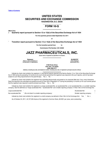 Vorschaubild Jazz Pharmaceuticals 10-Q Quartalsbericht 2011 