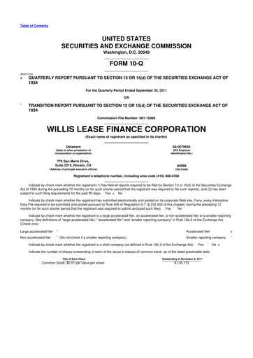 Thumbnail Willis Lease Finance Corporation 10-Q Quarterly Report FY2011 