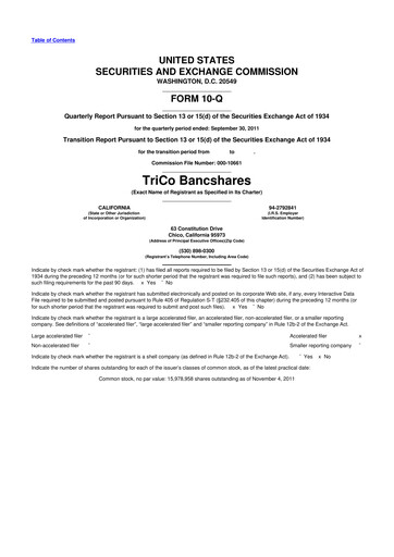 Thumbnail TriCo Bancshares 10-Q Quarterly Report FY2011 