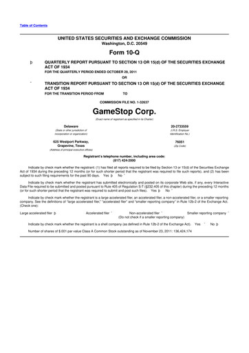Thumbnail GameStop
 10-Q Quarterly Report FY2011 