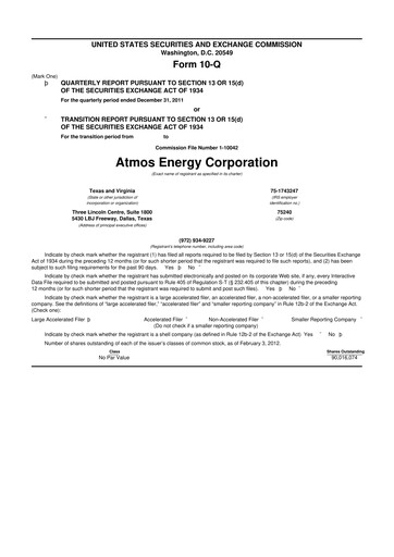 Thumbnail Atmos Energy 10-Q Quarterly Report FY2012 