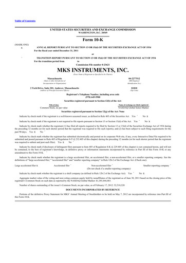 Miniature MKS Instruments 10-K Rapport annuel 2011