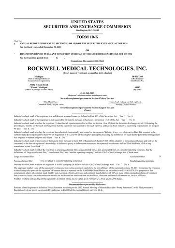 Thumbnail Rockwell Medical
 10-K Annual Report 2011