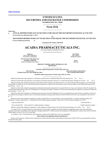 Miniature ACADIA Pharmaceuticals 10-K Rapport annuel 2011