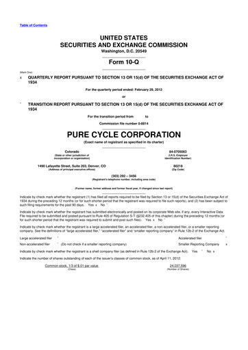 Thumbnail Pure Cycle (water) 10-Q Quarterly Report FY2012 