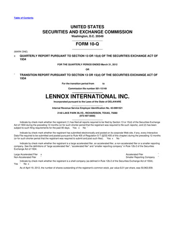 Thumbnail Lennox 10-Q Quarterly Report FY2012 