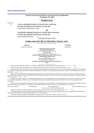 Thumbnail Streamline Health Solutions 10-K Annual Report 2011