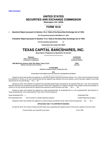 Thumbnail Texas Capital Bancshares 10-Q Quarterly Report FY2012 