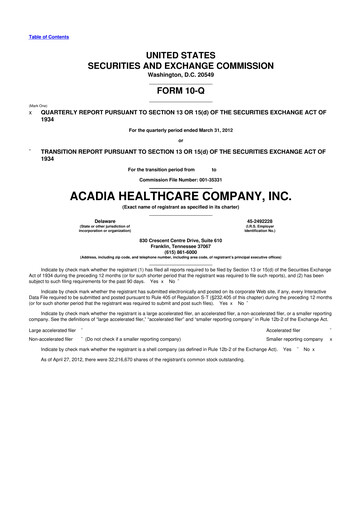 Thumbnail Acadia Healthcare
 10-Q Quarterly Report FY2012 