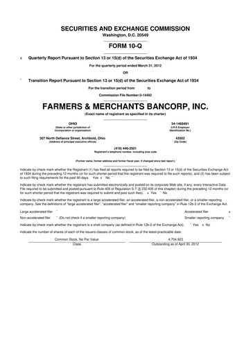 Thumbnail Farmers & Merchants Bancorp 10-Q Quarterly Report FY2012 