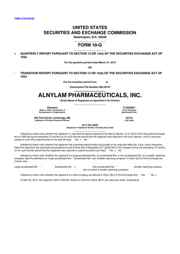 Thumbnail Alnylam Pharmaceuticals
 10-Q Quarterly Report FY2012 