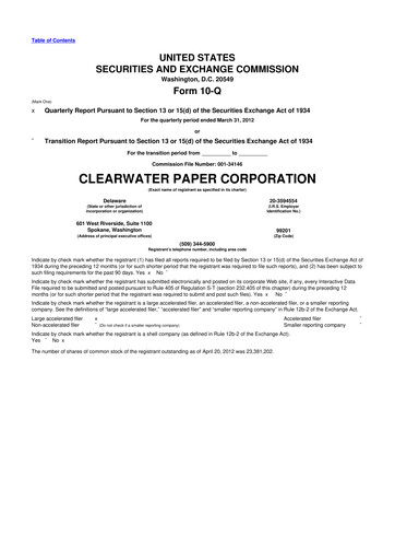 Thumbnail Clearwater Paper 10-Q Quarterly Report FY 