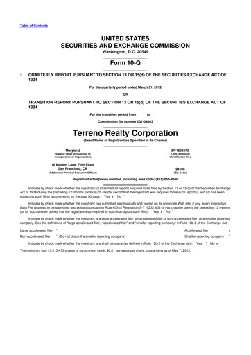 Thumbnail Terreno Realty
 10-Q Quarterly Report FY2012 