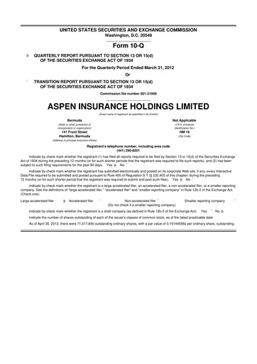 Thumbnail Aspen Insurance 10-Q Quarterly Report FY2012 