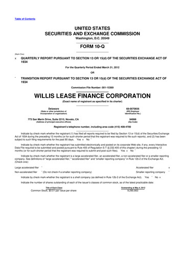 Thumbnail Willis Lease Finance Corporation 10-Q Quarterly Report FY2012 