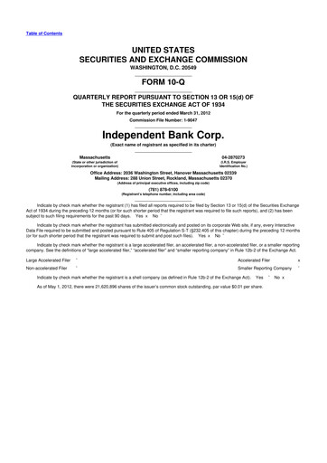 Thumbnail Independent Bank Corp. 10-Q Quarterly Report FY2012 