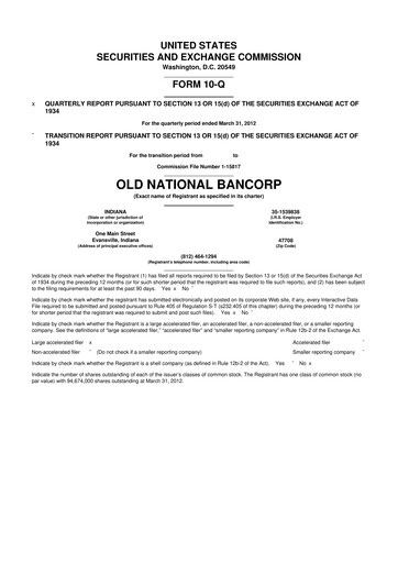 Miniature Old National Bank
 10-Q Rapport trimestriel 2012 