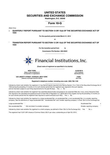 Thumbnail Financial Institutions 10-Q Quarterly Report FY 