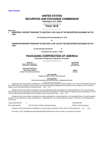 Thumbnail Packaging Corporation of America
 10-Q Quarterly Report FY2012 