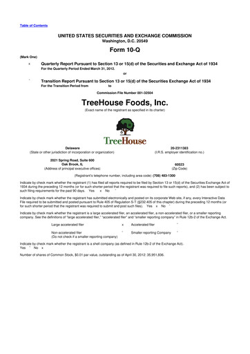 Miniature TreeHouse Foods
 10-Q Rapport trimestriel 2012 
