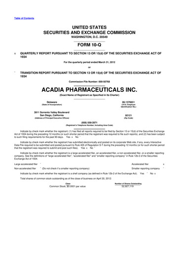 Thumbnail ACADIA Pharmaceuticals 10-Q Quarterly Report FY2012 