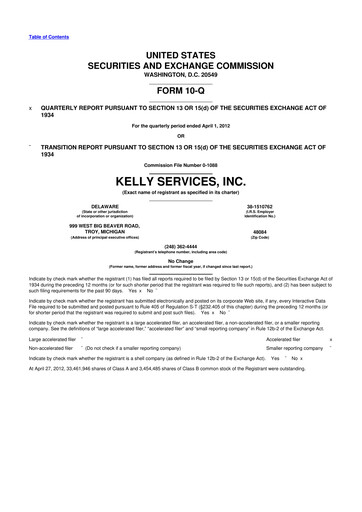 Miniature Kelly Services
 10-Q Rapport trimestriel 2012 
