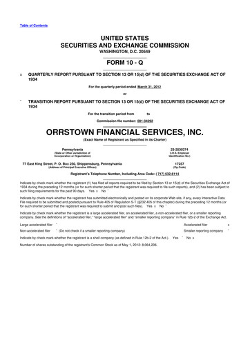 Miniature Orrstown Financial Services 10-Q Rapport trimestriel 2012 