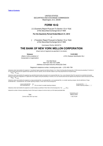Thumbnail BNY Mellon (Bank of New York Mellon) 10-Q Quarterly Report FY2012 