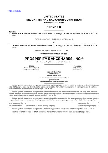 Thumbnail Prosperity Bancshares
 10-Q Quarterly Report FY2012 