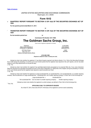 Thumbnail Goldman Sachs 10-Q Quarterly Report FY2012 