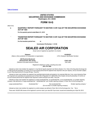 Miniature Sealed Air
 10-Q Rapport trimestriel 2012 