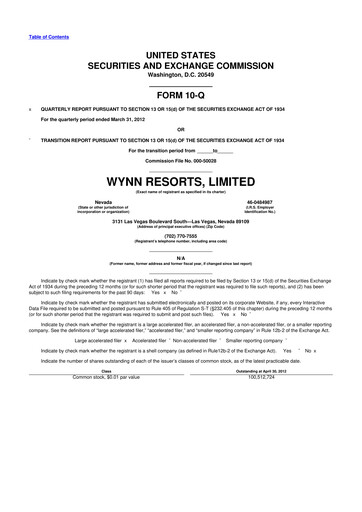 Thumbnail Wynn Resorts
 10-Q Quarterly Report FY2012 