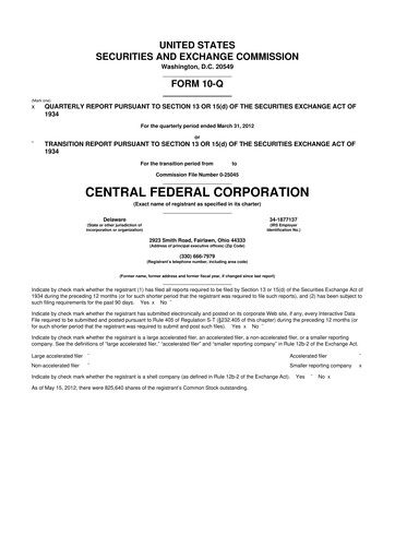 Miniature CF Bankshares 10-Q Rapport trimestriel 2012 