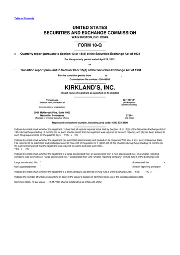 Thumbnail Kirkland's 10-Q Quarterly Report FY 