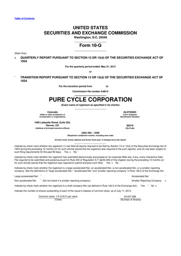 Thumbnail Pure Cycle (water) 10-Q Quarterly Report FY2012 