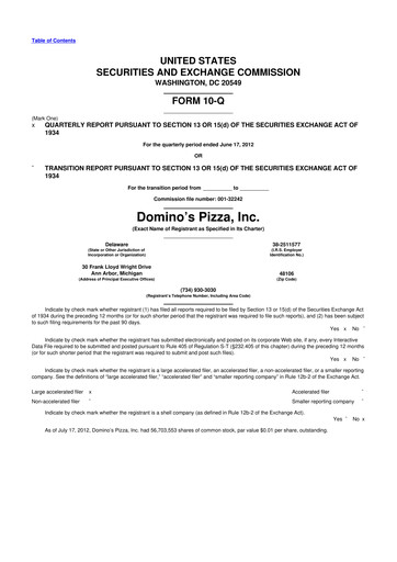 Thumbnail Domino's Pizza 10-Q Quarterly Report FY2012 