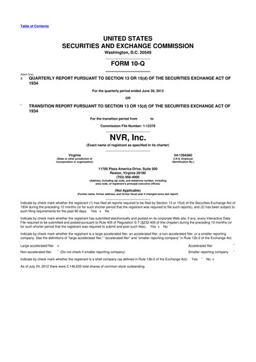 Vorschaubild NVR 10-Q Quartalsbericht 2012 