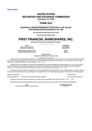 Thumbnail First Financial Bankshares 10-Q Quarterly Report FY2012 