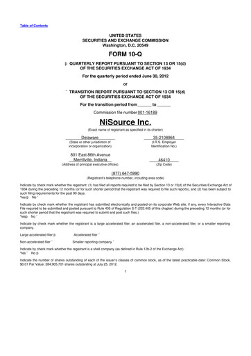 Thumbnail NiSource
 10-Q Quarterly Report FY2012 